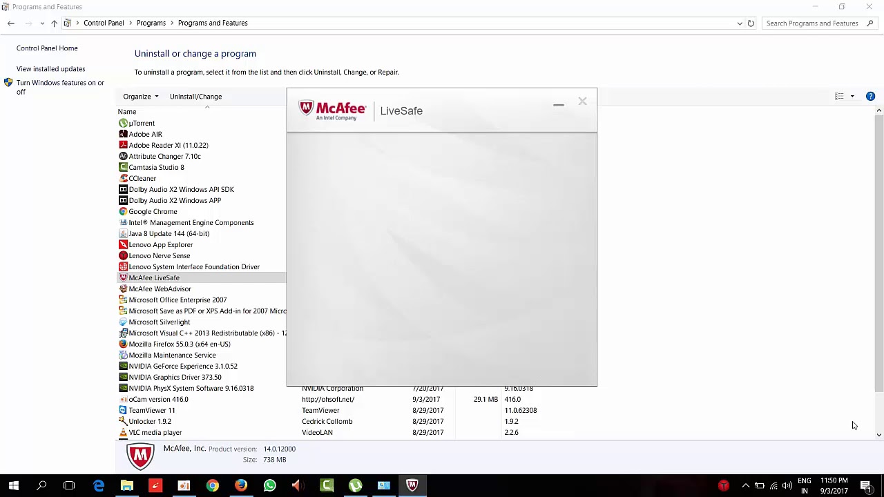 Uninstall McAfee Livesafe Windows 10