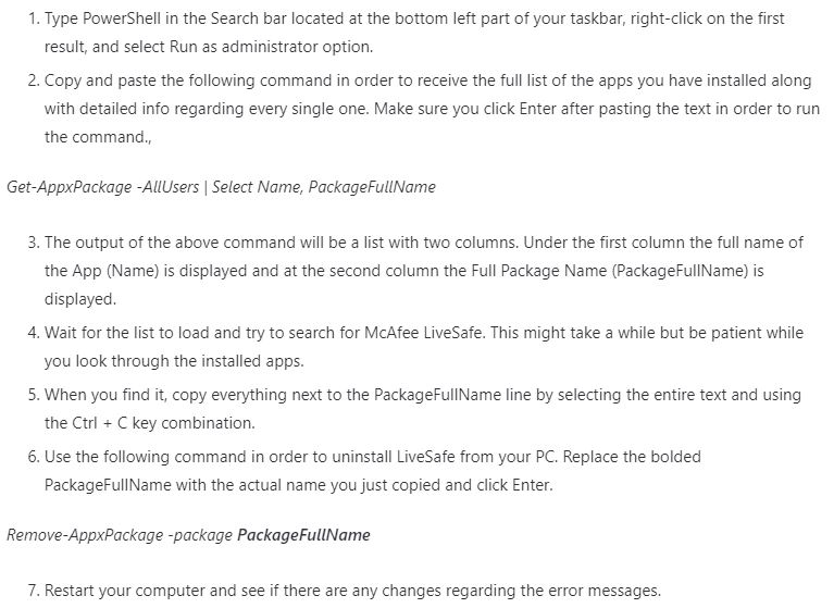 Using Windows PowerShell to Uninstall McAfee LiveSafe
